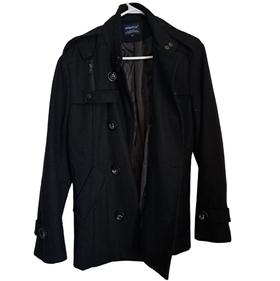 Men's lightweight navy blue peacoat double breasted cotton wool feel lined Small - Picture 2 of 11